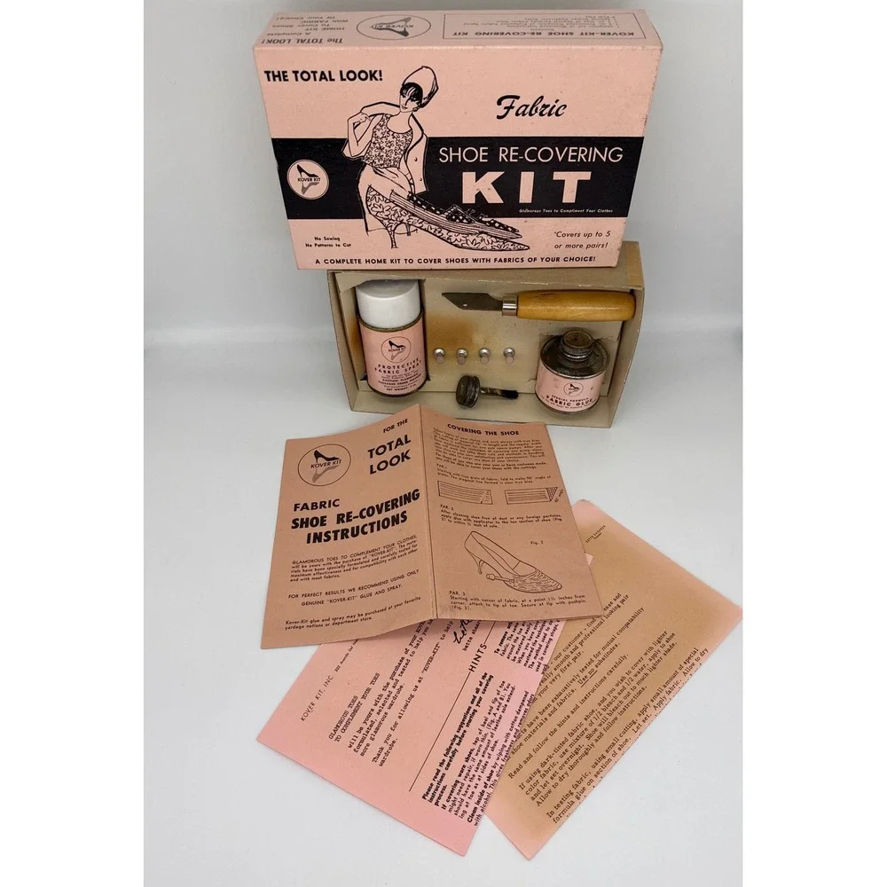 Vintage 1965‎ Kover-Kit Fabric Shoe Re-Covering Kit DIY Fashion Mid-Century Pink